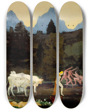 Triptych art skateboard deck of Arthur Bowen Davies Pastoral Dells And Peaks by Arthur Bowen Davies (1862-1928)