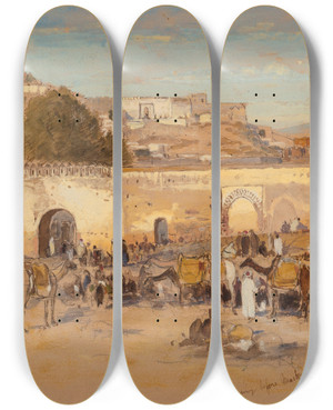 Triptych art skateboard deck of Samuel Colman Evening Before Market At Tangiers by Samuel Colman (1832-1920)