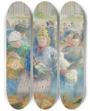 Triptych art skateboard deck of Camille Pissarro Le March Aux Oeufs by Camille Pissarro (1830-1903)