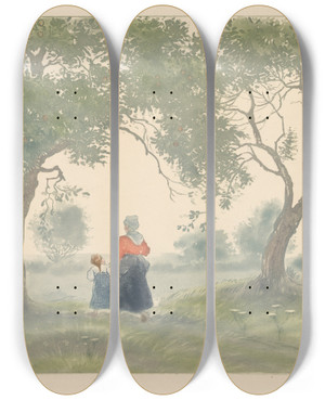 Triptych art skateboard deck of Eugne Deltre Les Pommiers by Eugene Delatre (1864-1938)