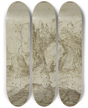 Triptych art skateboard deck of Jacob De Gheyn Ii Felsige Kstenlandschaft Mit Figuren_2 by Jacob de Gheyn II (1565-1629)