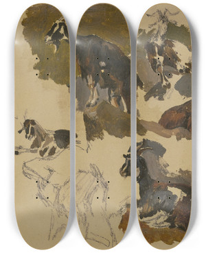 Triptych art skateboard deck of Johann Nepomuk Rauch Eleven Goats by Johann Nepomuk Rauch (1804-1847)
