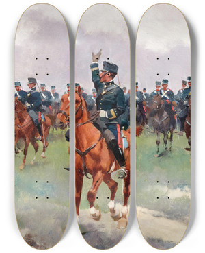 Triptych art skateboard deck of Jos Cusachs The Cavalry Approaches by Jose Cusachs (1850-1909)