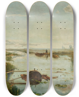 Triptych art skateboard deck of Daniel Ridgway Knight Punts On A River by Daniel Ridgway Knight (1839-1924)