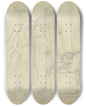 Triptych art skateboard deck of Victor Mller Ein Junger Mann Den Kopf Verzweifelt In Die Hand Gesttzt Liegt Auf Den Stufen Einer Treppe Um Ihn Herum Trauernde Frauen by Victor Muller (1829-1871)