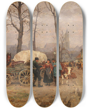Triptych art skateboard deck of Karl Stuhlmller Herbstlicher Viehmarkt by Karl Stuhlmuller (1859-1930)