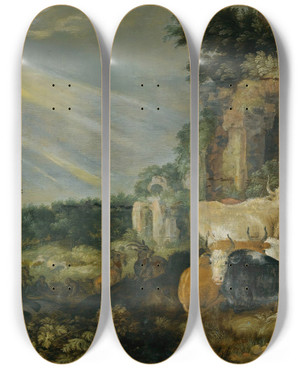 Triptych art skateboard deck of Roelant Savery Paradise Landscape Withhorses Cows Goatsand Herders by Roelant Savery (1576-1639)