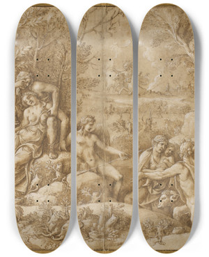 Triptych art skateboard deck of Giulio Romano Cephalus Grieves For Procris_1 by Giulio Romano (1492-1546)
