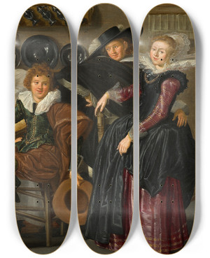 Triptych art skateboard deck of Dirck Hals Merry Company_1 by Dirck Hals (1591-1656)