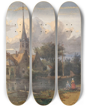 Triptych art skateboard deck of Jan Weissenbruch Gezicht Op Een Dorp Aan Een Vaart by Jan Weissenbruch (1822-1880)