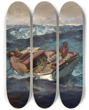Triptych art skateboard deck of Winslow Homer The Gulf Stream_1 by Winslow Homer (1836-1910)