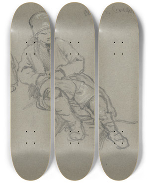 Triptych art skateboard deck of Wilhelm Amandus Beer Knabe Und Mdchen An Einer Treppe Sitzend by Wilhelm Amandus Beer (1837-1907)