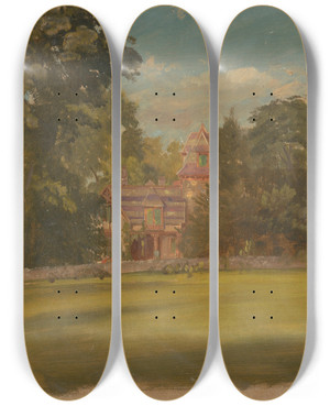 Triptych art skateboard deck of Frederic Edwin Church House In Hudson New York by Frederic Edwin Church (1826-1900)