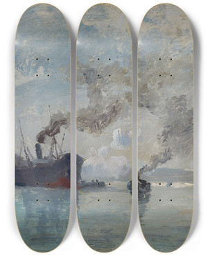 Triptych art skateboard deck of Rudolf Ribarz Schiffe Im Hafen by Rudolf Ribarz (1848-1904)