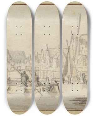 Triptych art skateboard deck of Pieter Coopse Kanal Bei Einer Stadt Mit Schiffen Belebt by Pieter Coopse (1640-1673)