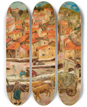 Triptych art skateboard deck of Tadeusz Makowski View From The Bridge In Espaly by Tadeusz Makowski (1882-1932)