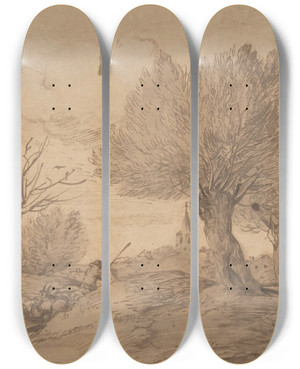 Triptych art skateboard deck of Jan Lievens Landscape With A Shepherd And His Flock by Jan Lievens (1607-1674)