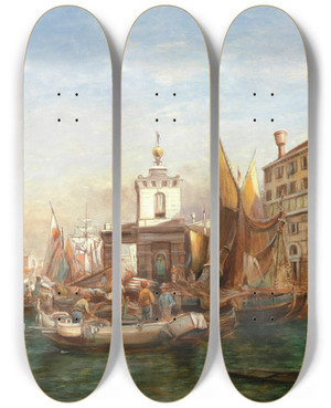 Triptych art skateboard deck of Alfred Pollentine The Dogana by Alfred Pollentine (1836-1890)
