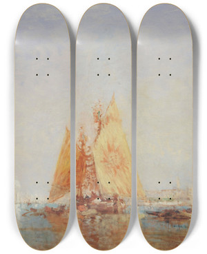 Triptych art skateboard deck of Flix Ziem Venise Trabaccolo La Voile Jaune by Felix Ziem (1821-1911)