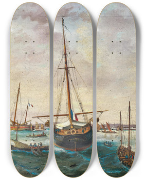 Triptych art skateboard deck of Basilio Ivankovic French Sailing Ships Amidst Numerous Fishing Boats Off The French Coast by Basilio Ivankovic (1815-1898)