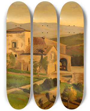Triptych art skateboard deck of Edward Bruce A Tuscan Farm by Edward Bruce (1879-1943)