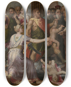 Triptych art skateboard deck of Frans Floris The Judgement Of Solomon by Frans Floris (1519-1570)