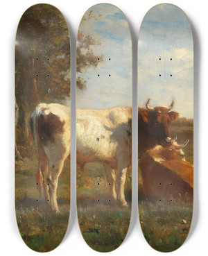 Triptych art skateboard deck of Otto Von Thoren Open Landscape With Cows by Otto Von Thoren (1823-1889)