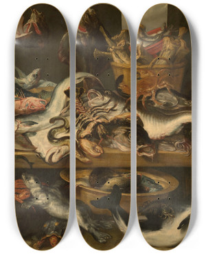 Triptych art skateboard deck of Frans Snijders At The Fishmongers by Frans Snyders Triptych art skateboard deck of Frans Snijders At The Fishmongers by Frans Snyders