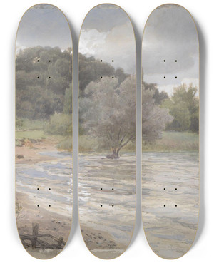 Triptych art skateboard deck of Hans Gude Arenenberg At Ermatingen Bodensee by Hans Gude (1825-1903)