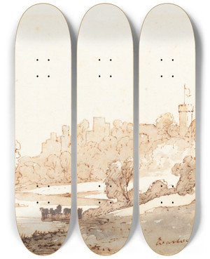Triptych art skateboard deck of John Baverstock Knight Warwick Castle From The Avon by John Baverstock Knight (1785-1859)