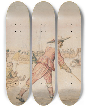 Triptych art skateboard deck of Hendrick Avercamp A Winter Scene With Two Gentlemen Playing Colf by Hendrick Avercamp (1585-1634)