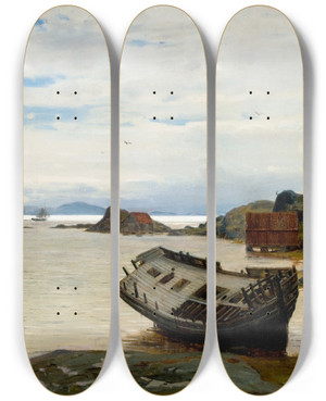 Triptych art skateboard deck of Amaldus Nielsen Jaktevrak Lve by Amaldus Nielsen (1838-1932)