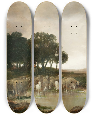 Triptych art skateboard deck of Adolf Kaufmann Sheep In Rainy Landscape by Adolf Kaufmann (1848-1916)