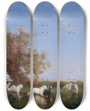 Triptych art skateboard deck of Flix Ziem Chevaux Sauvages En Camargue by Felix Ziem (1821-1911)