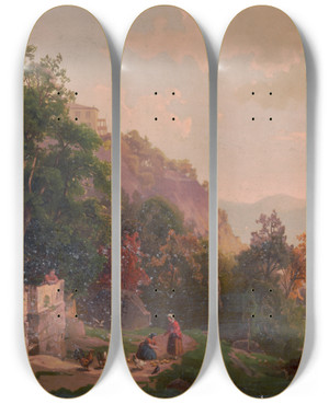 Triptych art skateboard deck of Hermann Fuechsel View On The Hudson Near West Point by Hermann Fuechsel (1833-1915)