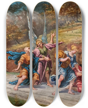 Triptych art skateboard deck of Jeanbaptiste Cariven Lots Escape by Jean-Baptiste Cariven (1843-1904)
