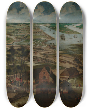 Triptych art skateboard deck of Abel Grimmer The Eel Huts In The Antwerp Polder Outside The Lillo Or Slijk Gate by Abel Grimmer (1570-1620)