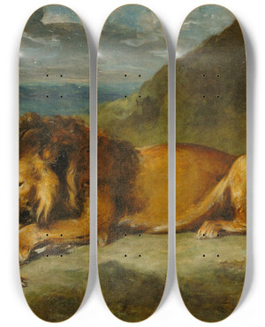 Triptych art skateboard deck of Imitator Of Eugne Delacroix Lion Devouring A Goat by Imitator of Eugne Delacroix