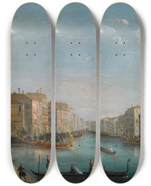 Triptych art skateboard deck of Giuseppe Bernardino Bison Venice A View Of The Grand Canal From The Palazzo Balbi Looking Toward The Rialto Bridge With A Regata by Giuseppe Bernardino Bison (1762-1844)