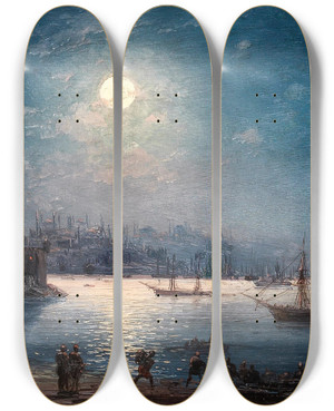 Triptych art skateboard deck of Ivan Konstantinovich Aivazovsky A View Of The Bosporus With The Hagia Sophia And The Maidens Tower In The Moonlight by Ivan Konstantinovich Aivazovsky (1817-1900)