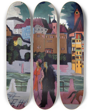 Triptych art skateboard deck of Ernst Ludwig Kirchner View Of Basel And The Rhine by Ernst Ludwig Kirchner (1880-1938)