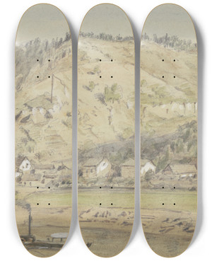 Triptych art skateboard deck of Friedrich Eugen Peipers The Shore Opposite Schandau by Friedrich Eugen Peipers (1805-1885)