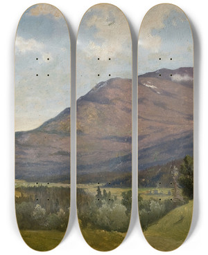 Triptych art skateboard deck of Gustaf Wilhelm Palm Summer Landscape With Mountain by Gustaf Wilhelm Palm (1810-1890)