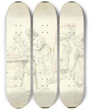 Triptych art skateboard deck of David Teniers The Younger Study For Country Festival Near Antwerp by David Teniers The Younger (1610-1690)