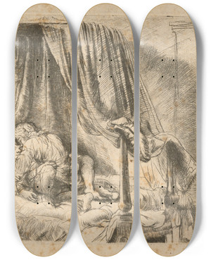 Triptych art skateboard deck of Rembrandt Van Rijn The French Bed by Rembrandt Van Rijn (1606-1669) Triptych art skateboard deck of Rembrandt Van Rijn The French Bed by Rembrandt Van Rijn (1606-1669)