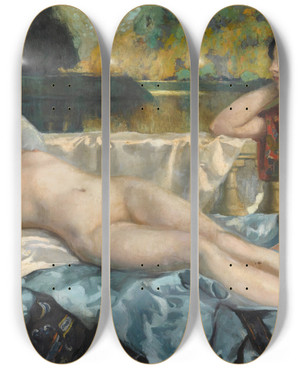 Triptych art skateboard deck of Henri Montassier Repos Au Bord Du Lac by Henri Montassier (1880-1946)