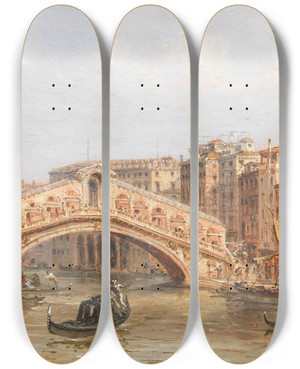 Triptych art skateboard deck of Giovanni Grubacs The Rialto Bridge by Giovanni Grubacs (1829-1919)