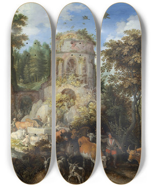 Triptych art skateboard deck of Roelant Savery Landscape With The Flight Into Egypt by Roelant Savery (1576-1639)