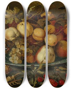 Triptych art skateboard deck of Balthasar Van Der Ast Grapes Peaches Apples And Plums In A Wanli Bowl On A Ledge With Shells A Grasshopper And Other Fruit by Balthasar Van Der Ast (1593-1657)