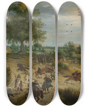 Triptych art skateboard deck of Sebastian Vrancx Skirmish by Sebastian Vrancx (1573-1647)